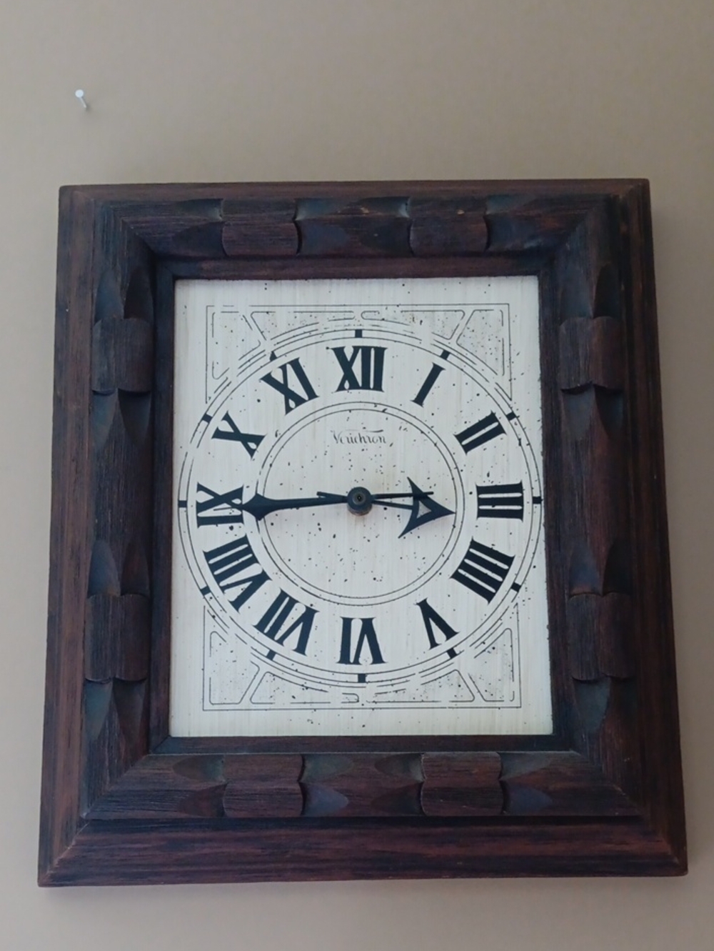 Vintage Working 90's Dark Wood Framed Clock. 15"H X 13"W X 2 1/2" D
